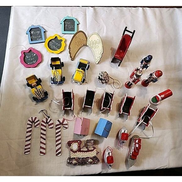 Lot of 28 Wooden Christmas Ornaments Nutcrackers Sleds Candy Canes Soap Box Cars - Picture 1 of 13